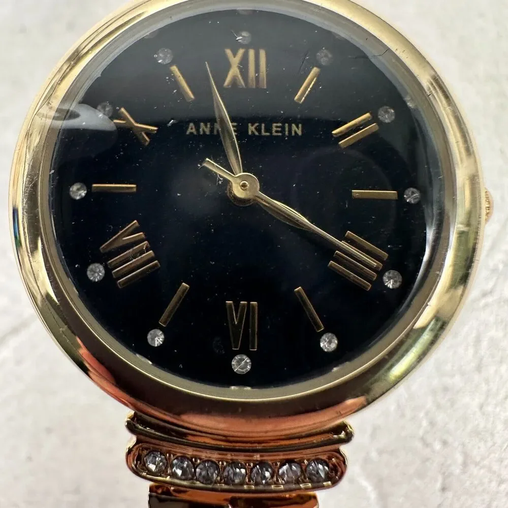 Anne Klein Watch Womens 16mm Round Black Dial Crystal Lugs Elegant New Battery